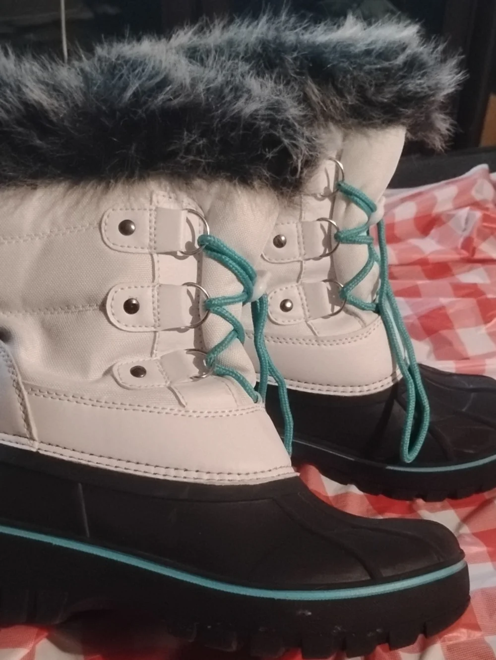 Kids Winter Snow Boots with Faux Fur Trim - White, Brown, Teal